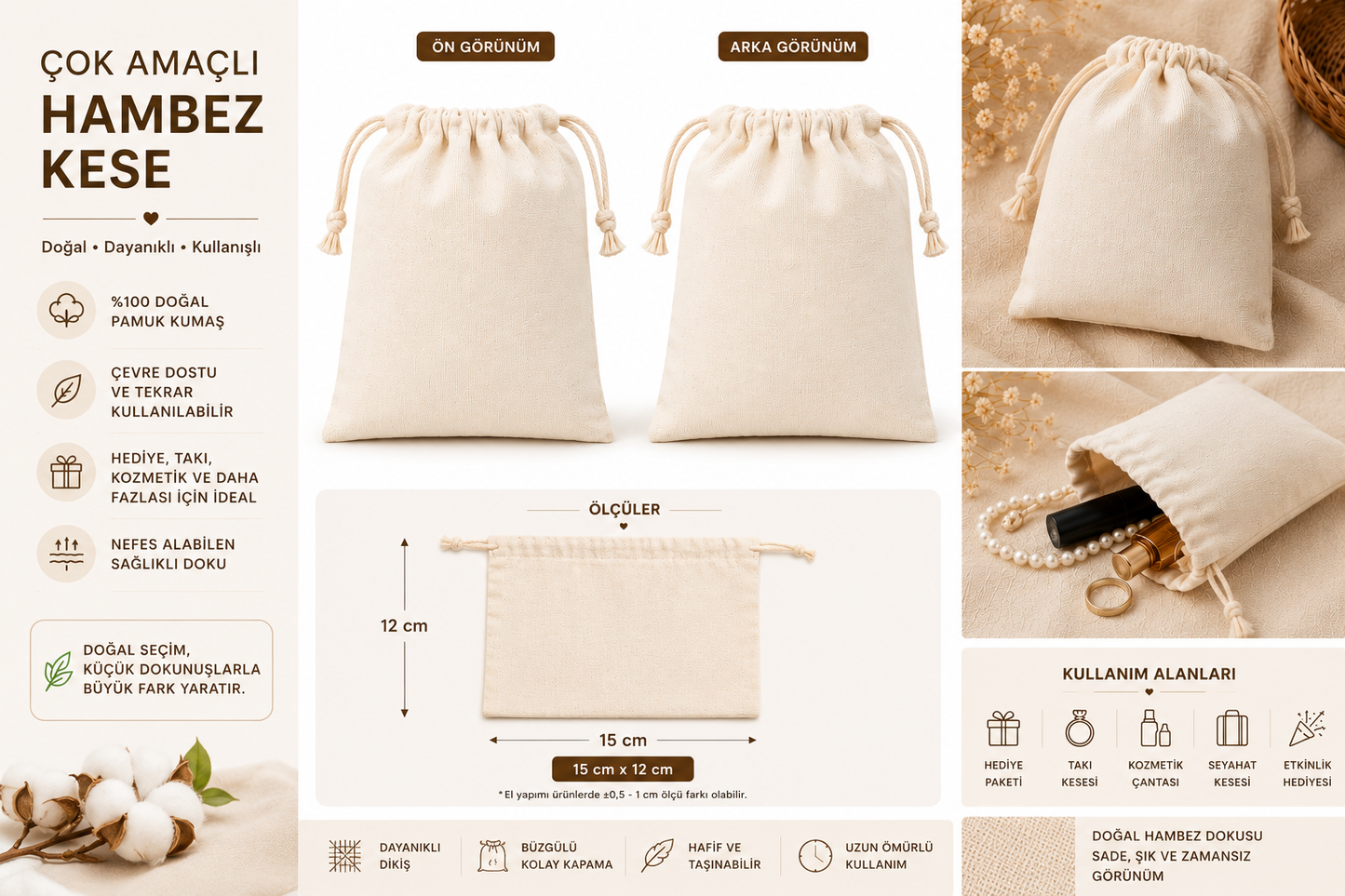 5 Adet Doğal Hambez Kese Çok Amaçlı Bez Torba İpli Büzgülü Organik Bez Kese 15cmx12cm